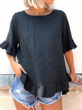 Load image into Gallery viewer, Pure Color Round Neck Ruffled Casual Loose Top with Split Hem