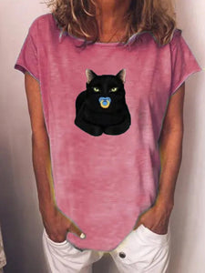 Cat Print Round Neck Short Sleeve Casual T-Shirt