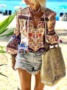 Bohemian Printed V-neck Fashion Shirt