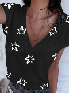 V-Neck Star Print Short Sleeve T-Shirt Tops