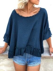 Casual Round Neck Lotus Leaf Sleeve Loose Top