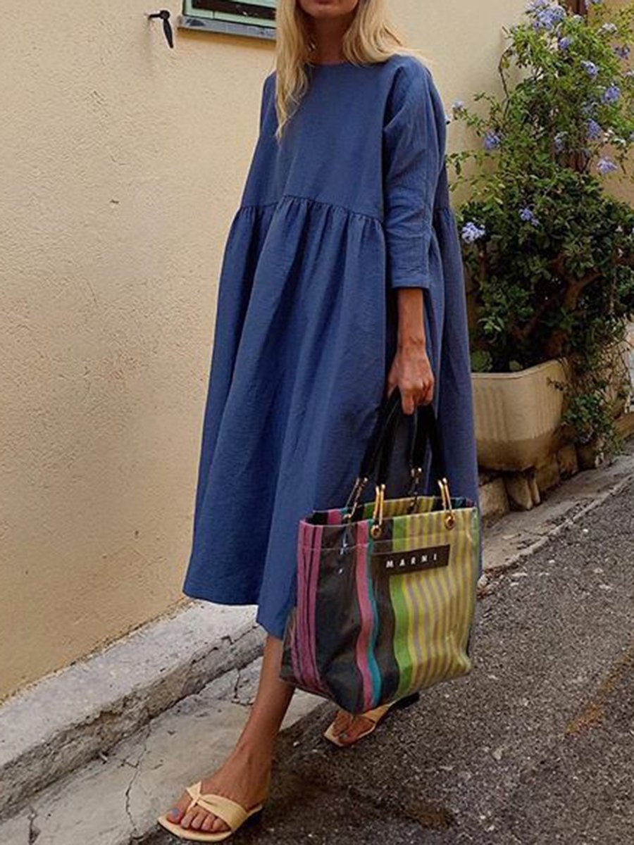 Fashionable Solid Color Long Sleeve Casual Midi Dress