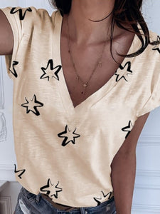 V-Neck Star Print Short Sleeve T-Shirt Tops