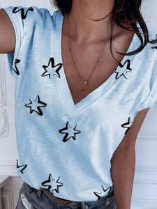 V-Neck Star Print Short Sleeve T-Shirt Tops