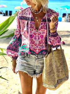 Bohemian Printed V-neck Fashion Shirt