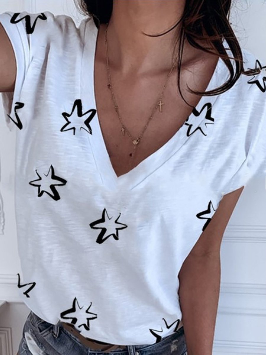 V-Neck Star Print Short Sleeve T-Shirt Tops