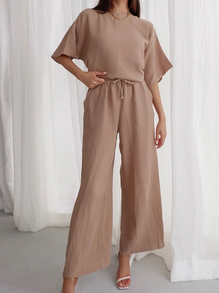 Casual Loose Solid Color Short Sleeve Two-piece Suit