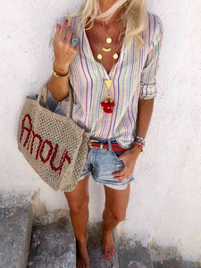 Fashionable Bohemian Stripe Print V-Neck Shirt