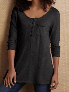 Round Neck Button Long Sleeve T-shirt Top