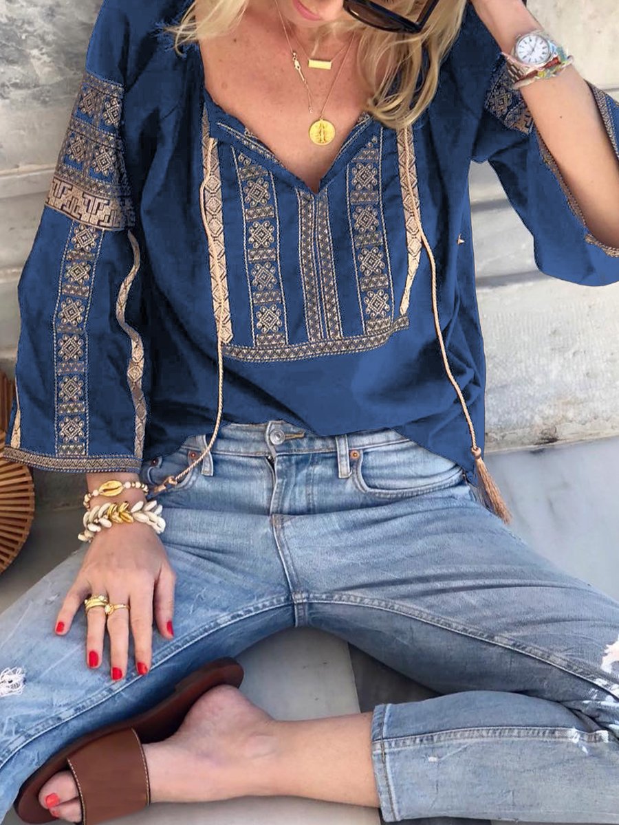 Fashion Lapel Bohemian Printed Long-sleeved Shirt