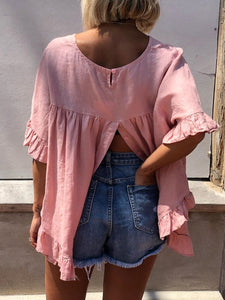 Pure Color Round Neck Ruffled Casual Loose Top with Split Hem